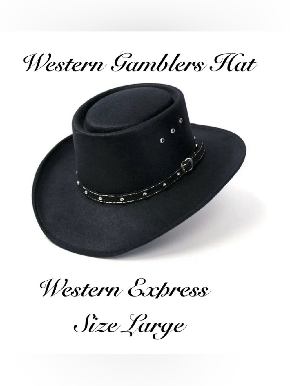 Western Express Co Black Cowboy Hat Felt- Leather Band Size 7-3/8 (L)